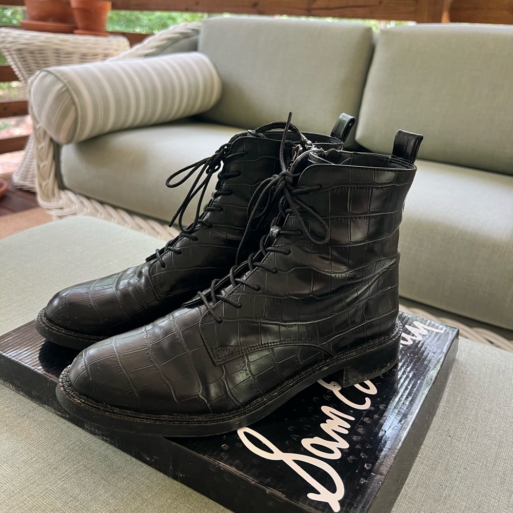 Sam Edelman Nina Black Crocodile Pattern Lace-Up Combat Boots